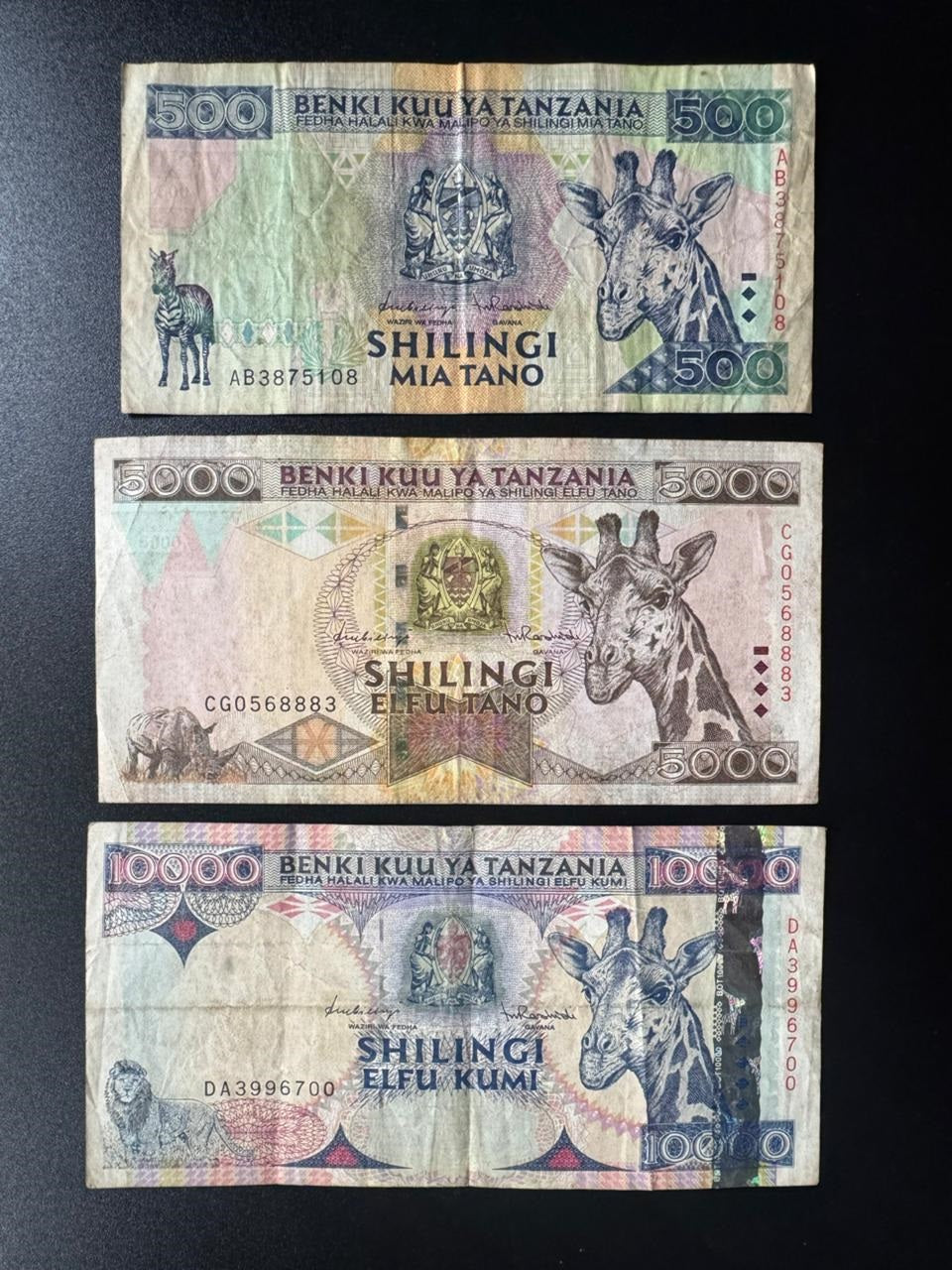 Tanzania 500, 5000, 10 000 Shillings Banknotes 1997 Old Circulated Paper Bank Bills 3Pcs/Lot