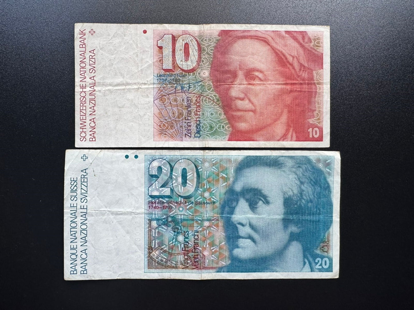 Switzerland 10, 20 Francs Banknotes 1987 old Swiss Bank Bill Notes 2 Pcs/ Lot