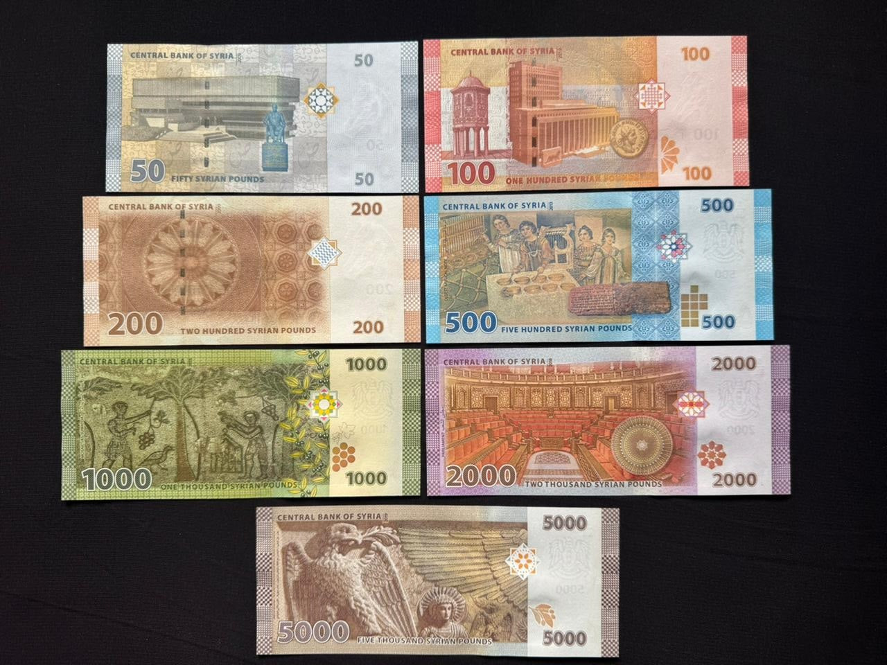 Syria 50, 100, 200, 500, 1000, 2000, 5000, Pounds Banknotes 2009-2017 UNC Paper Bankbills Full Set 7pcs/ Lot.