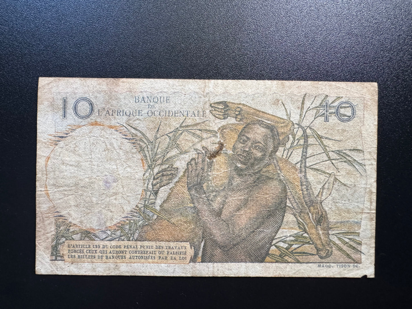 French west Africa Occidental 10 Francs Banknote 1953 old Paper Bill P-37(2)