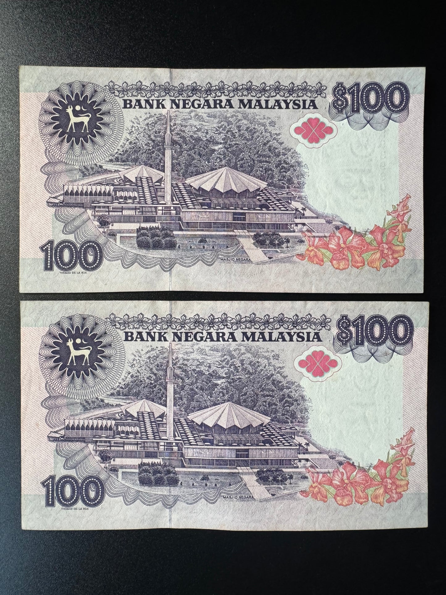 Malaysia 100 Ringgit Banknotes 1989 AUNC-VF S/N Consecutive Numbers Bills Pair 2Pcs/Lot