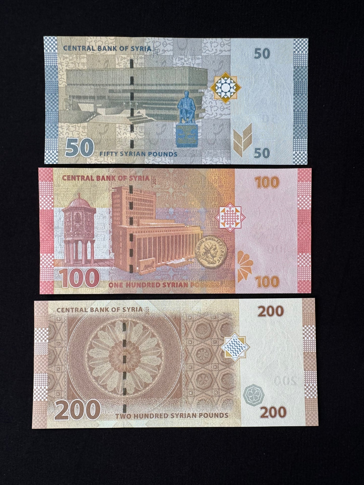 Syria 50, 100, 200, Pounds Banknotes 2021 UNC Bank bills 3pcs/ Lot.