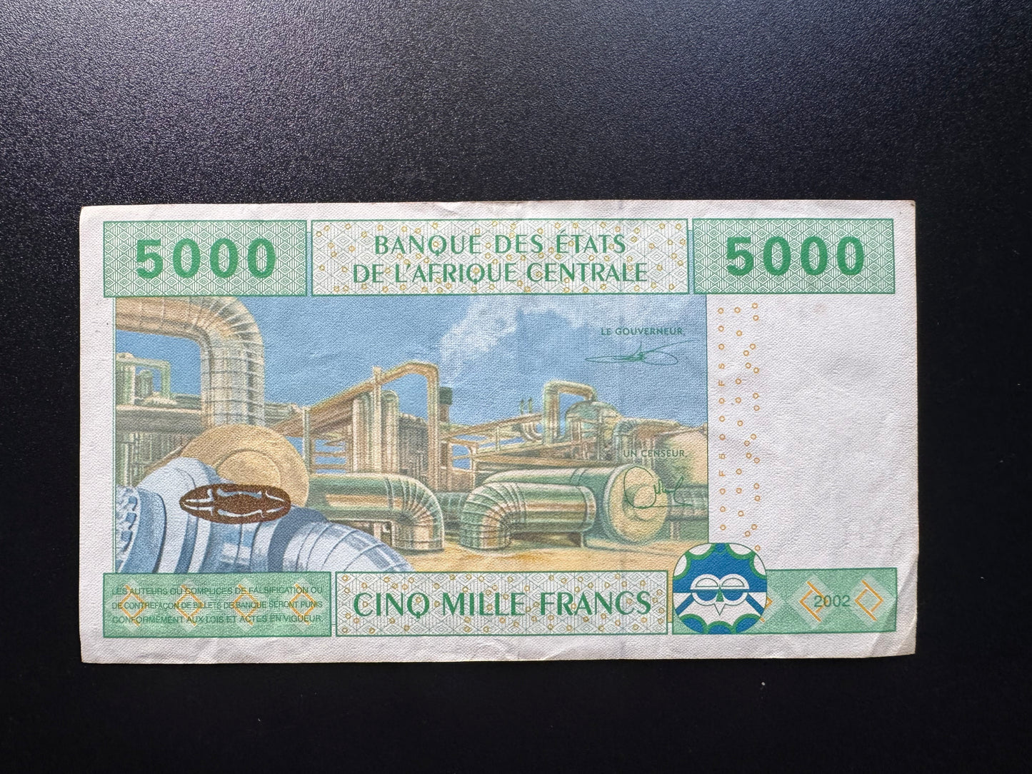 Central African 5000 Francs Banknote 2002 VF "U" Cameroon Bank Bill P-309