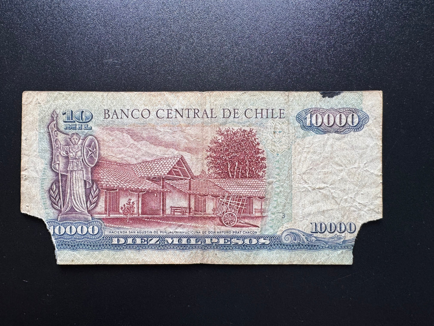 Chile 10000 Pesos Banknote 2001 Old Circulated Rare Date Damaged Bank Bill P-157