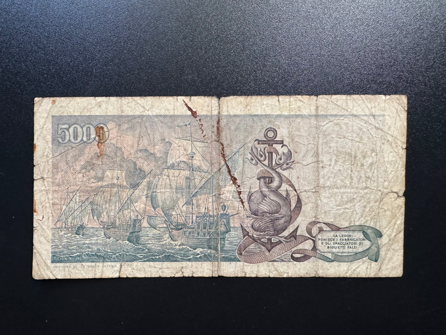 Italy 5000 Lire Banknote 1973 old Circulated ZA-Prefix Damaged Bill P-102b