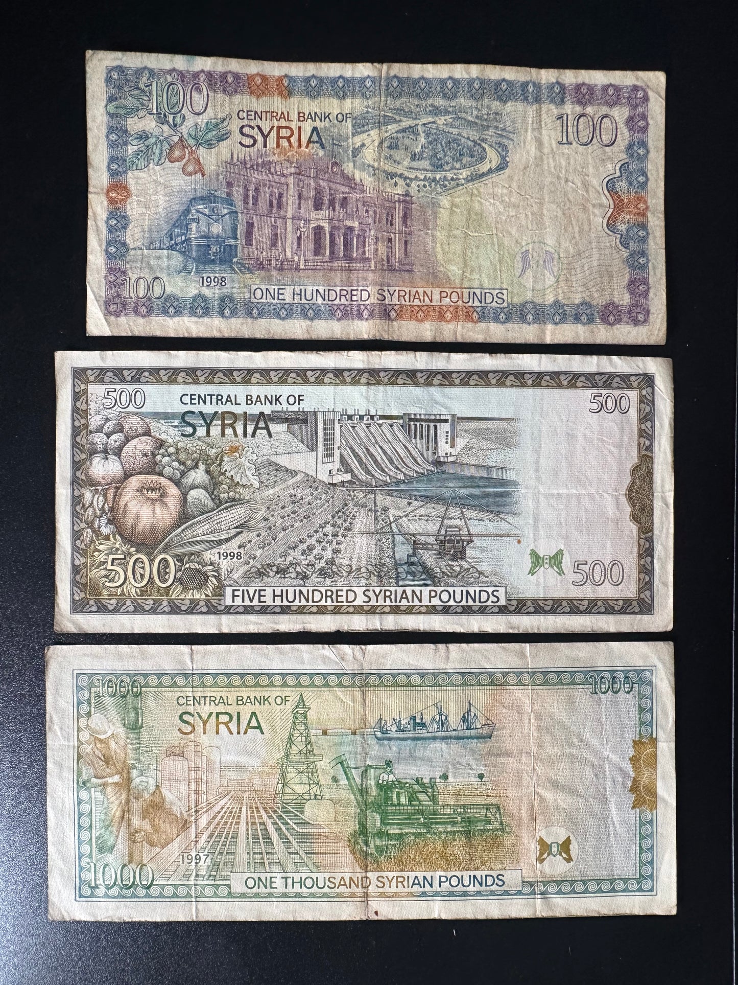 Syria 100, 500, 1000 Pounds Banknotes 1997-1998 Old Circulated Bank bills Paper Money Bills 3Pcs Lot