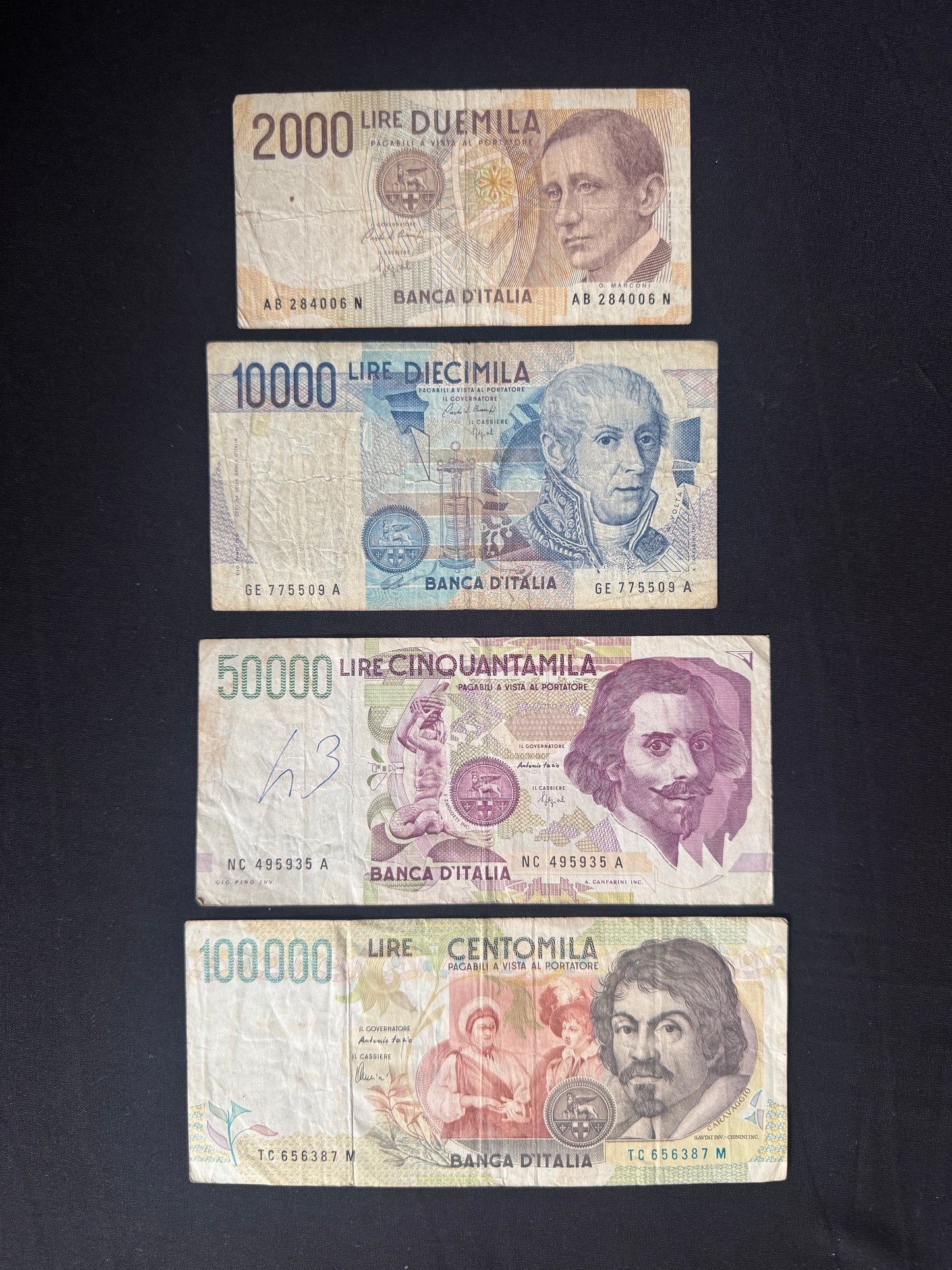 Italy 2000, 10 000, 50 000, 100 000 Lire Banknotes old Circulated Bank Bills 4 Pcs/ Lot set
