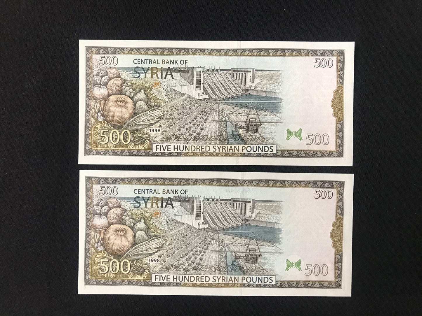 Syria 500 Pounds Banknotes 1998 Old UNC Bank bill Paper Money 2Pcs/ Lot Pair P-110