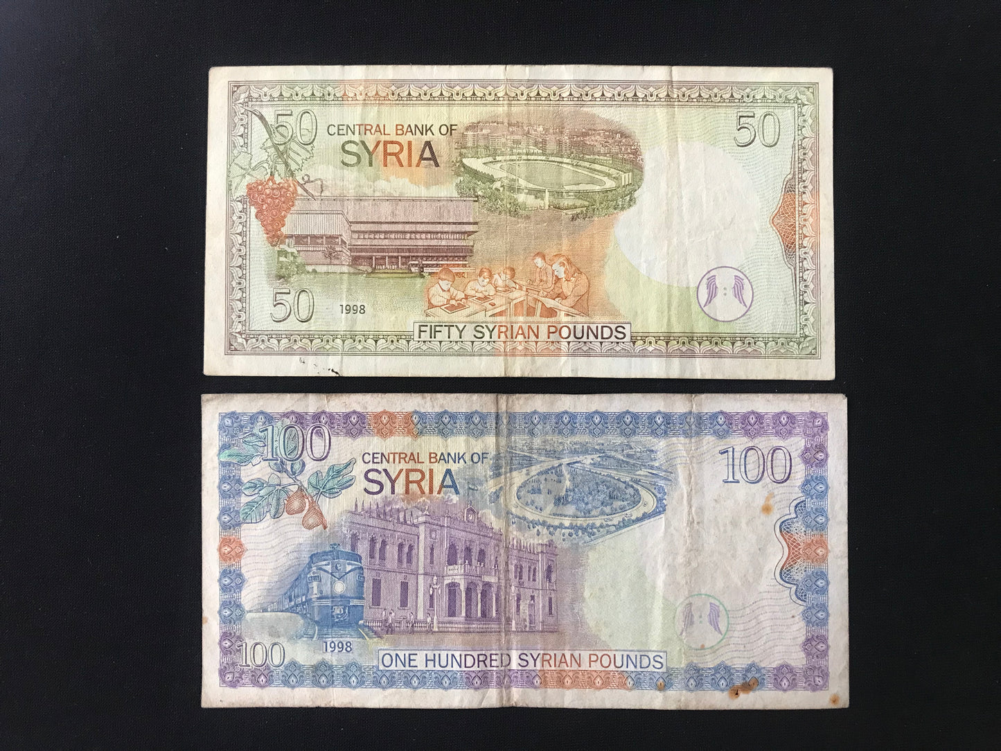 Syria 50, 100 Pounds Banknotes 1998 Old Circulated Bank bills Paper Money 2Pcs / Lot