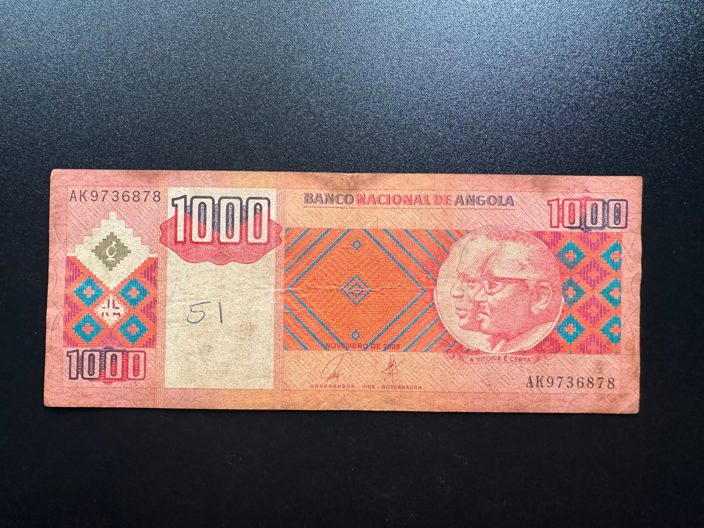 Angola 1000 Kwanzas Banknote 2003 Old Circulated AK Prefix Bank Bill P-150