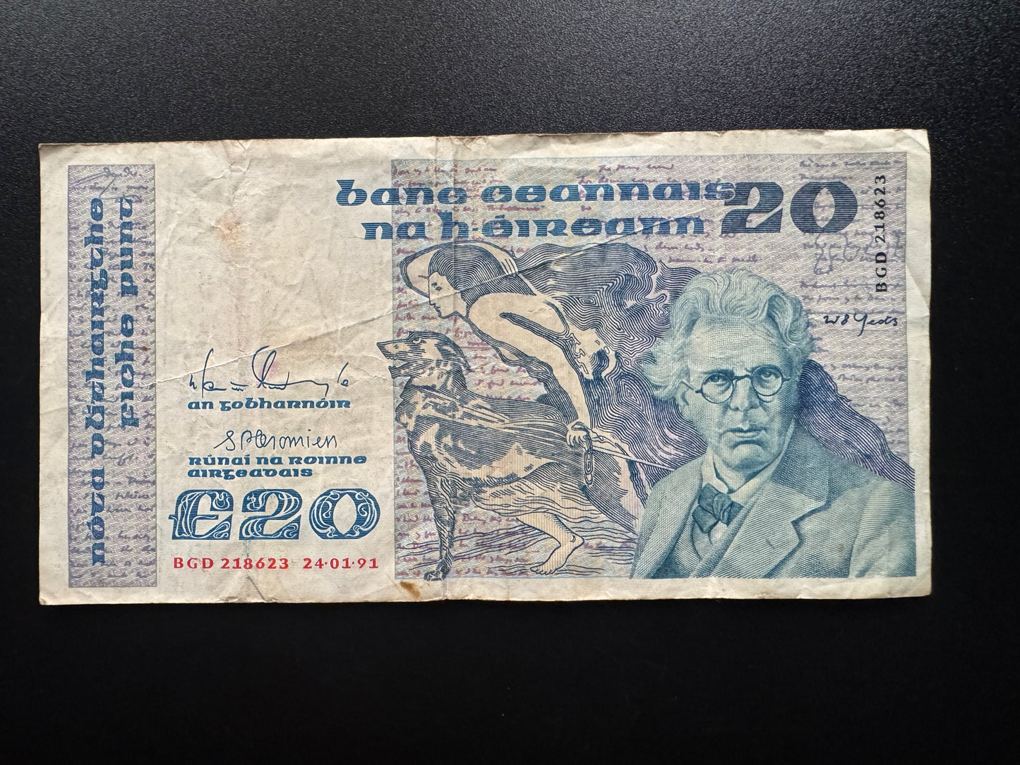 Ireland 20 Pounds Banknote 1991 Old Circulated Paper Money Bank Bills P-73c