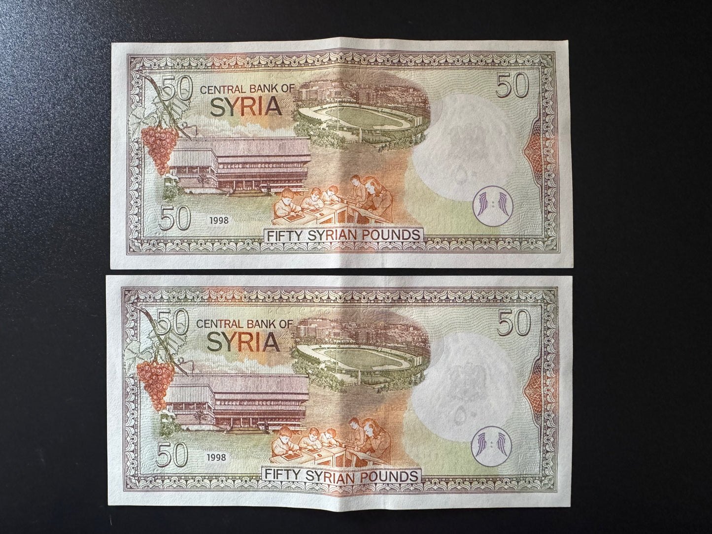 Syria 50 Pounds Banknotes 1998 Old UNC-AUNC SN Consecutive Numbers pair Bills 2 Pcs/Lot P-107