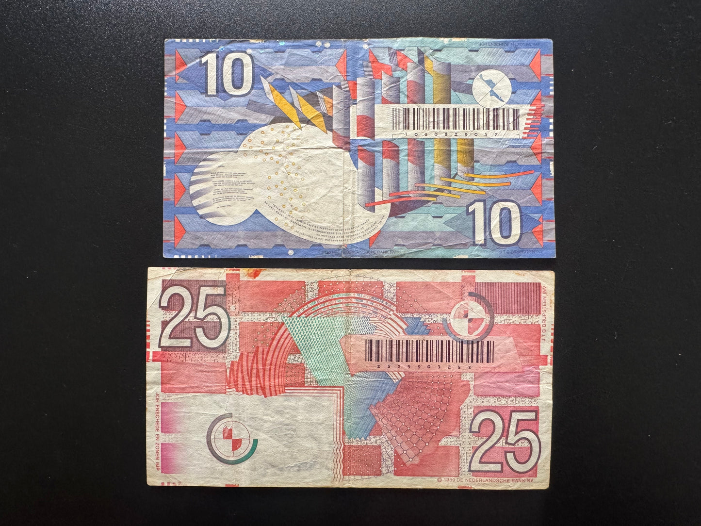 Netherlands 10, 25 Guldens Banknotes 1989-1997 Old Circulated Bank Bills 2 Pcs