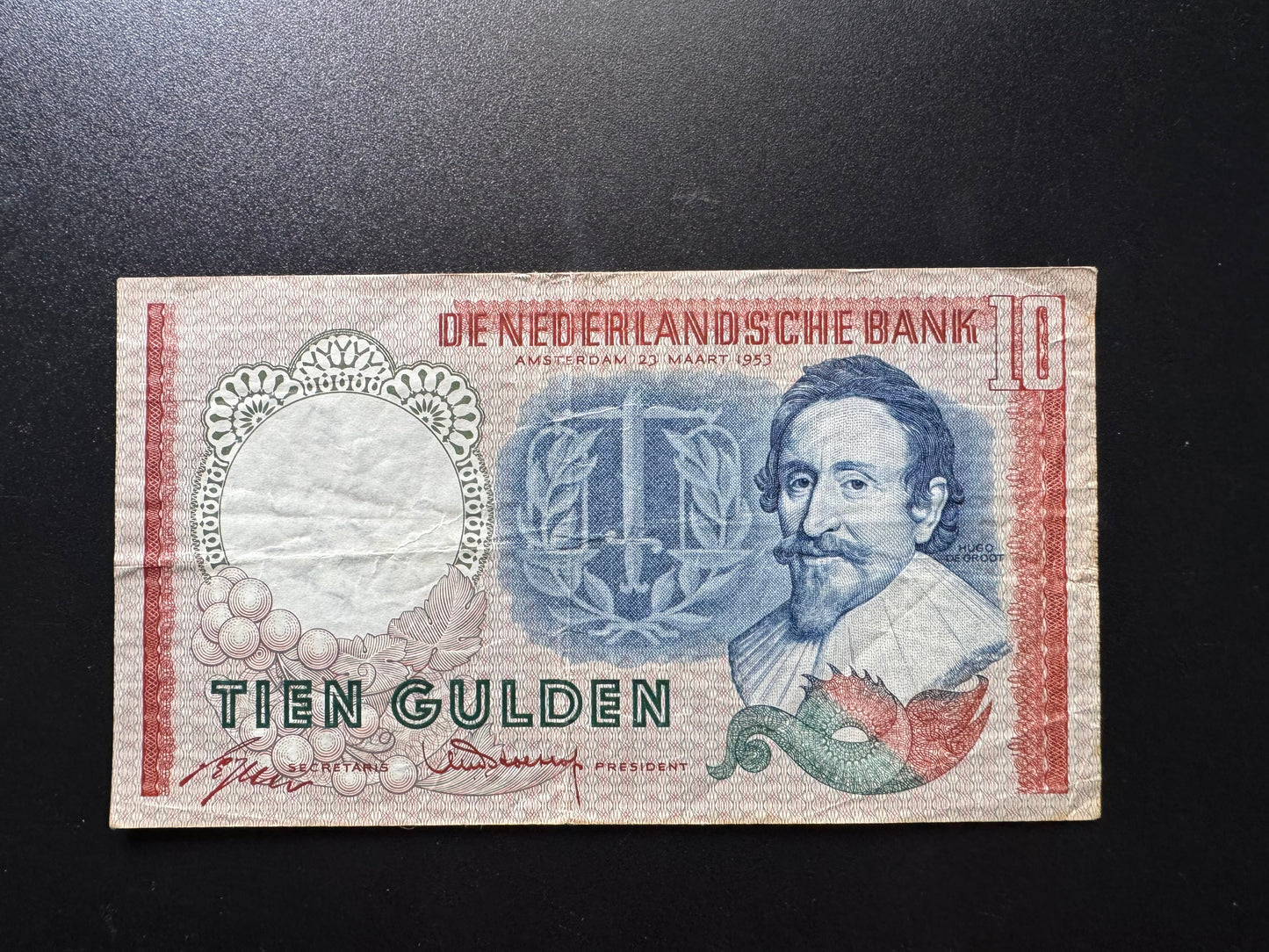 Netherlands 10 Gulden Banknote 1953 Old Circulated Paper Money Bank Bill P-85