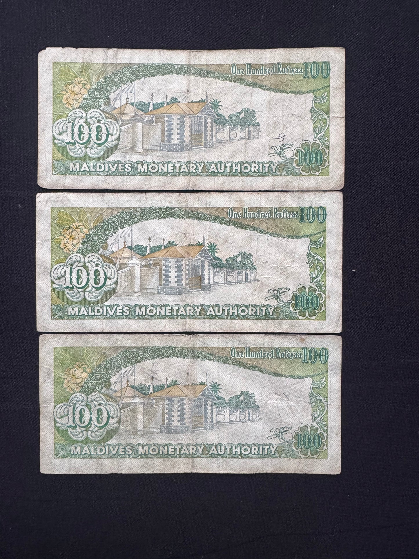 Maldives 100 Rufiyaa Banknotes 1987 Old 2nd Series Prefix-B 7,8,9 Bills 3pcs/Lot