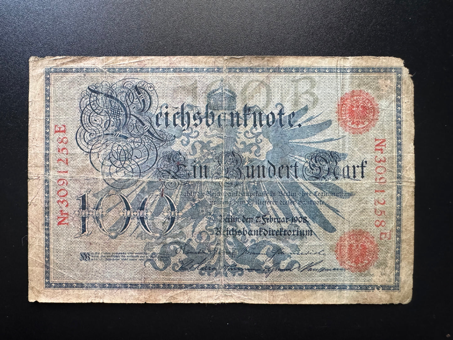 Germany 100 Mark Banknote 1908 Old Circulated Vintage Paper Money Bank Bill
