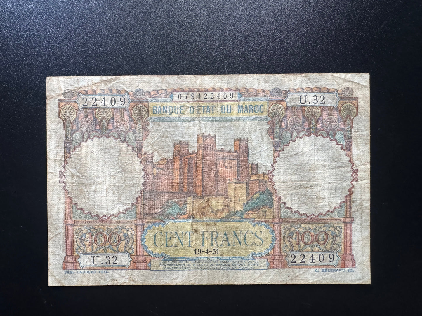 Morocco 100 Francs Banknote 1951 old Circulated Paper Money Bank Bills p-45