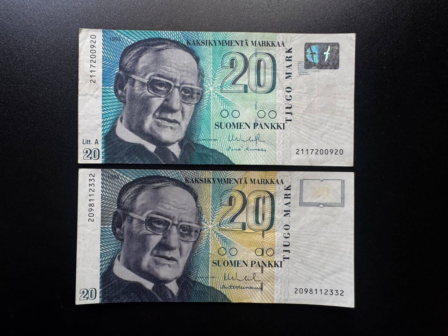 Finland / Finnish 20 Markkaa Banknotes 1993 2-Type Bills P-122 & 123 2pcs/Lot
