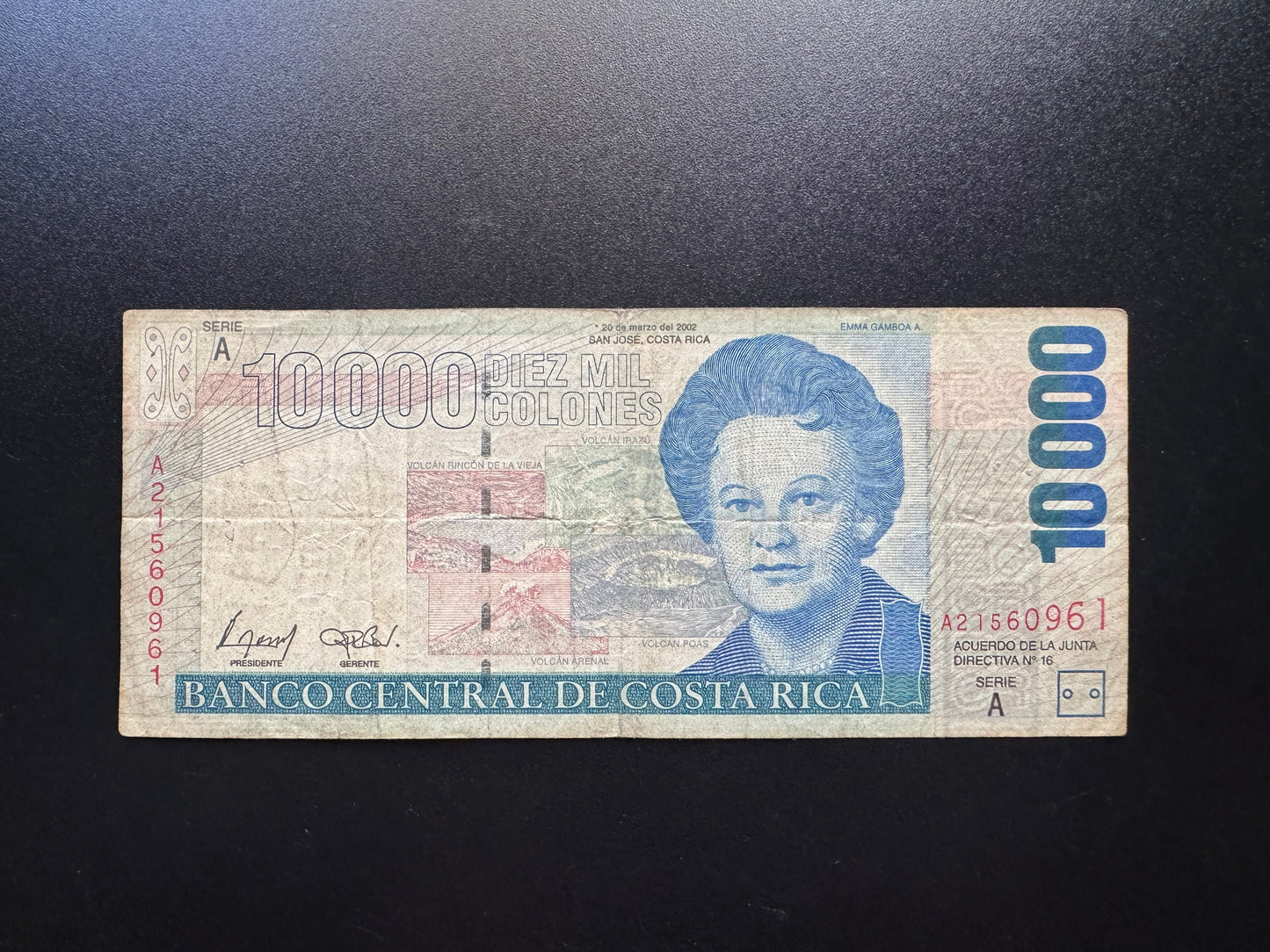 Costa Rica 10000 Colones Banknote 2002 Old Circulated A-Prefix Paper Bank Bills P-267