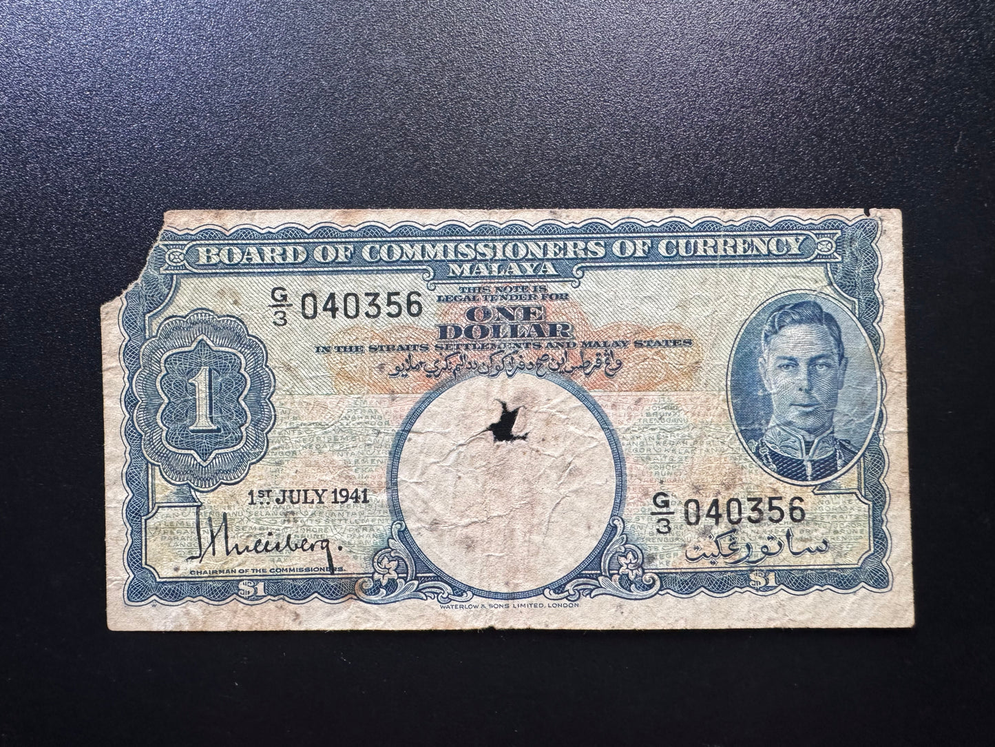 Malaya 1 Dollar Banknote 1941 Old Circulated Paper Money P-11 King George Bill