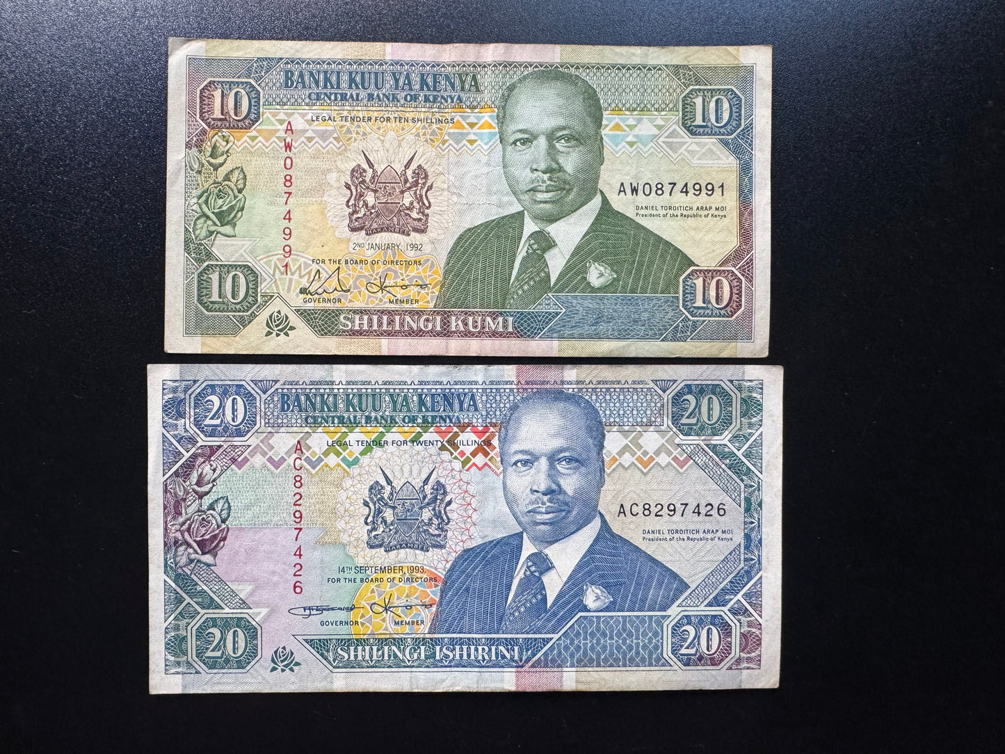 Kenya 10, 20 Shillings Banknotes 1993-94 Old Circulated Paper Bank Bills 2pcs/Lot