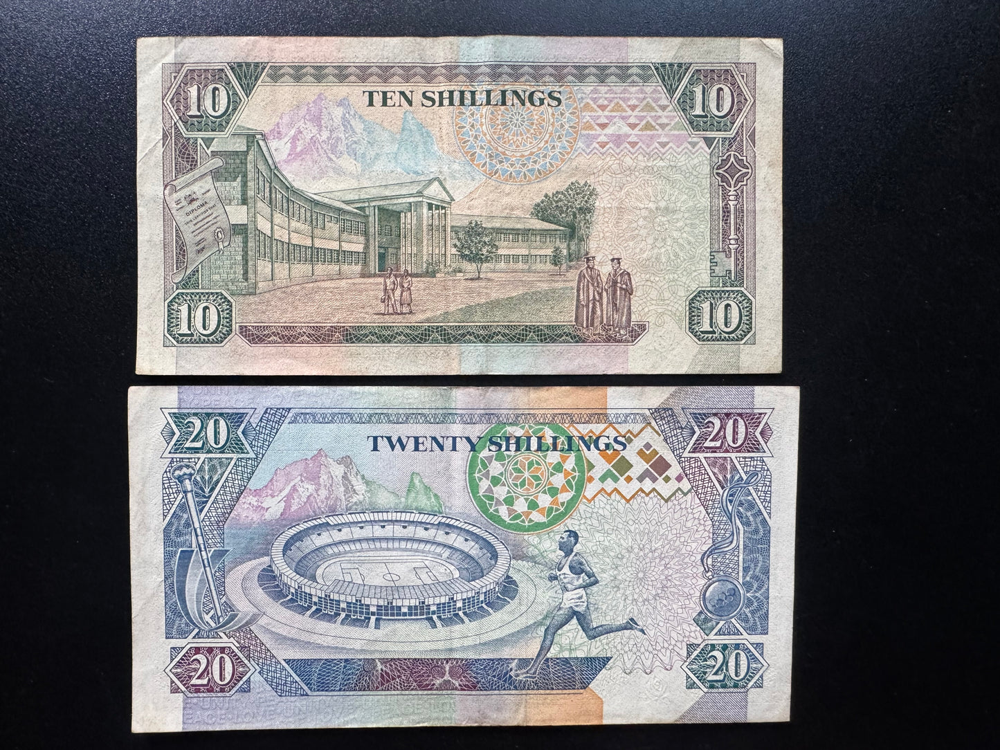 Kenya 10, 20 Shillings Banknotes 1993-94 Old Circulated Paper Bank Bills 2pcs/Lot