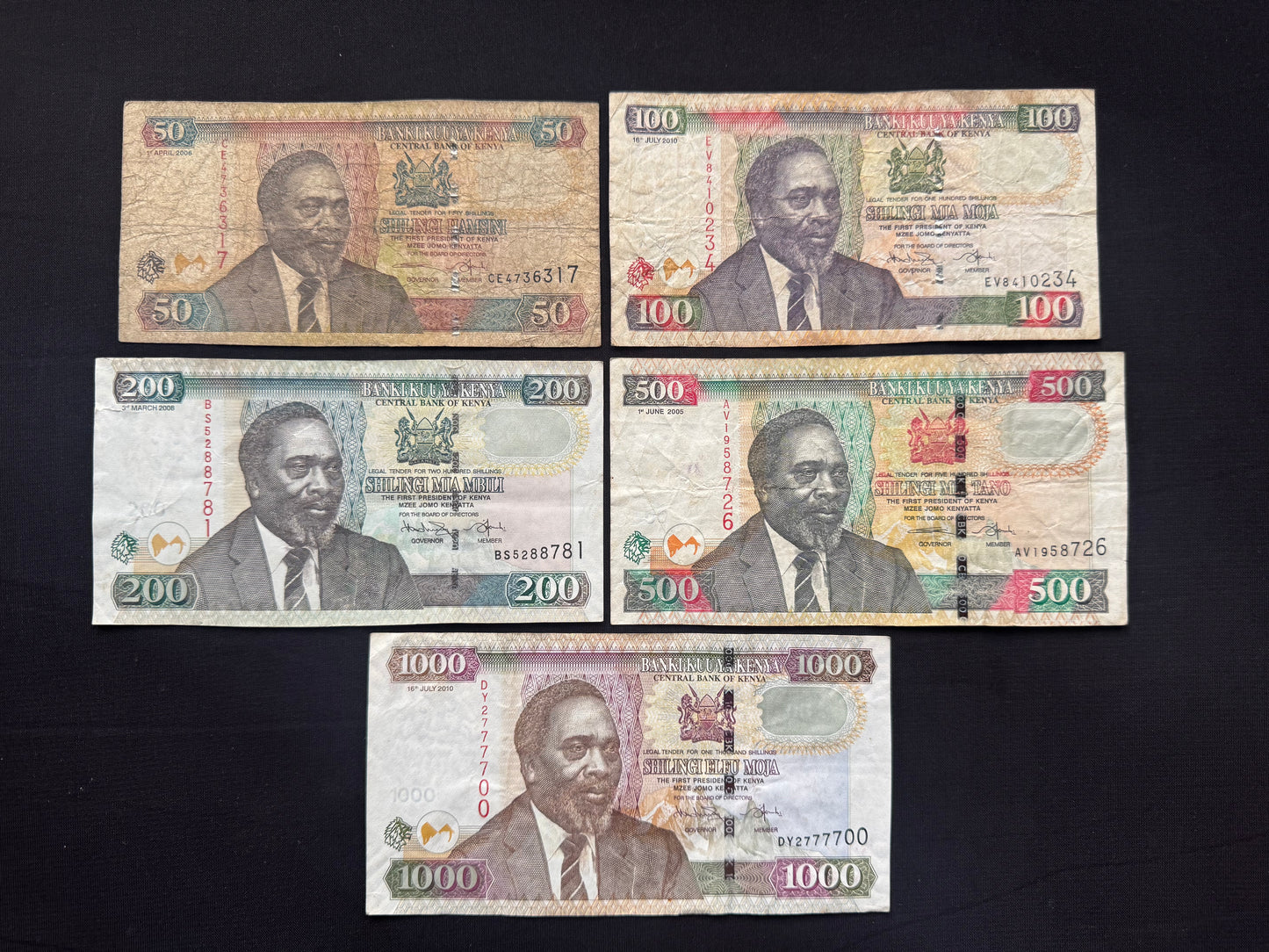 Kenya 50, 100, 200, 500, 1000 Shillings Banknotes 2005-2010 Bills 5pcs / Lot
