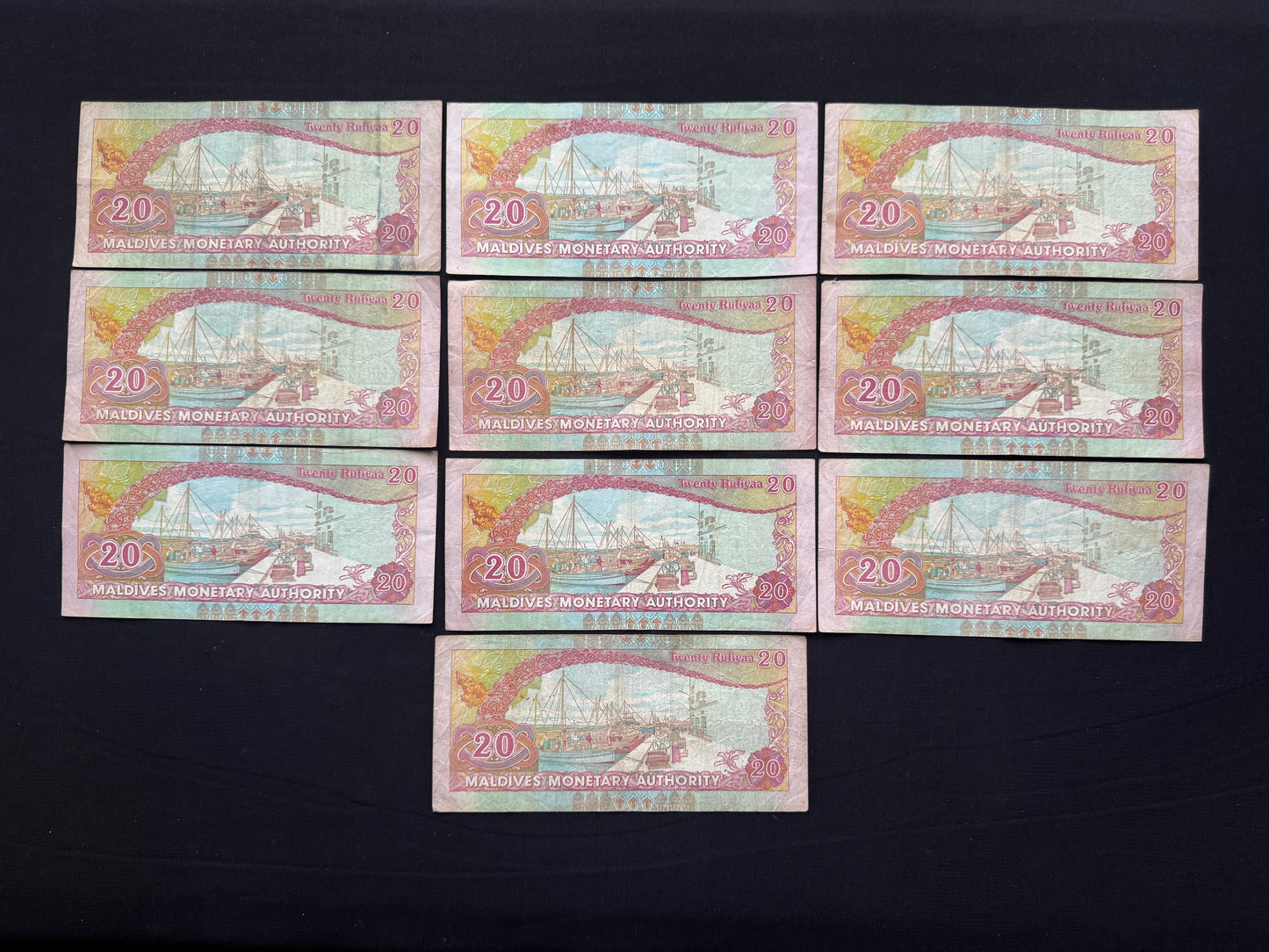 Maldives 20 Rufiyaa Banknotes 2008 Old Paper Money Bills 10 Pcs / Lot P-20c