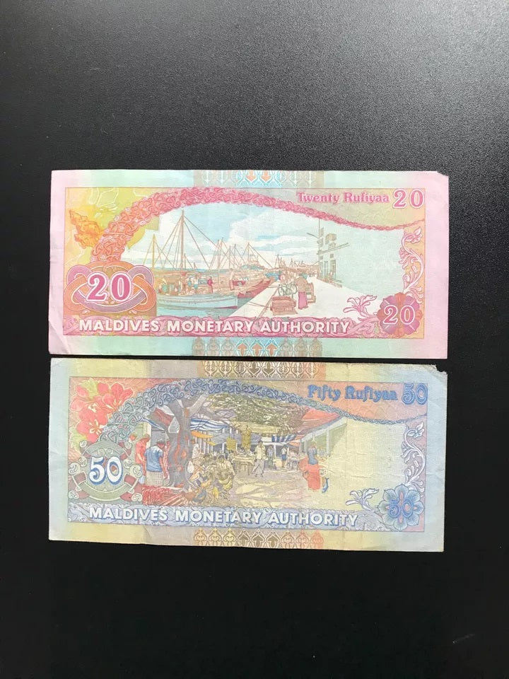 Maldives 20, 50 Rufiyaa Banknotes 2008 Circulated Paper Money Bank Bill 2pcs/Lot