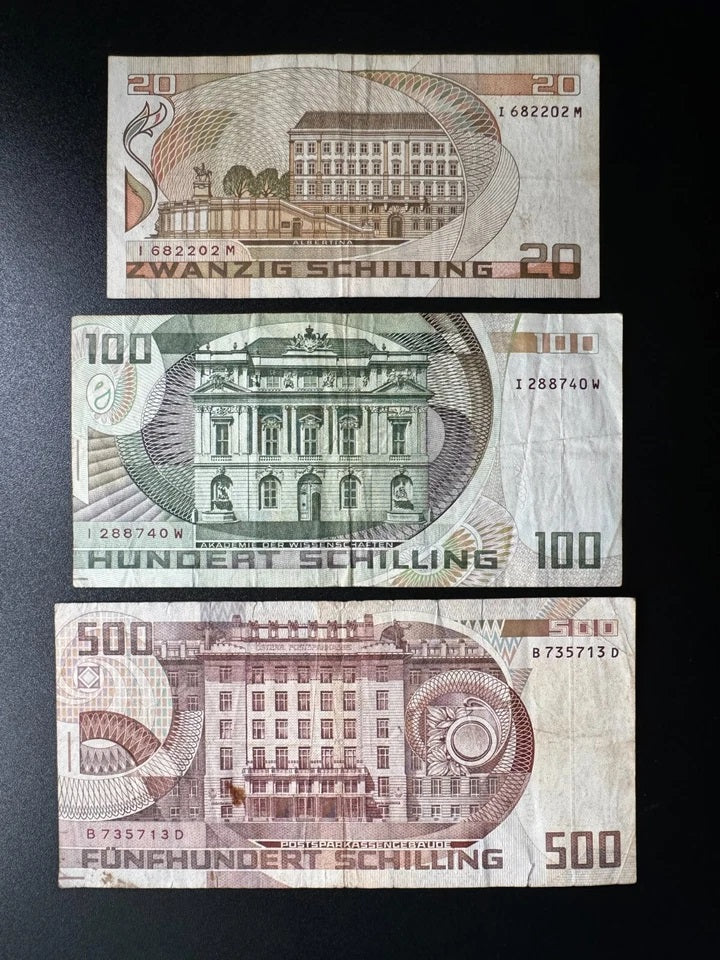 Austria 20, 100, 500 Schilling Banknotes 1984-85-86 old Bank Bills 3Pcs / Lot