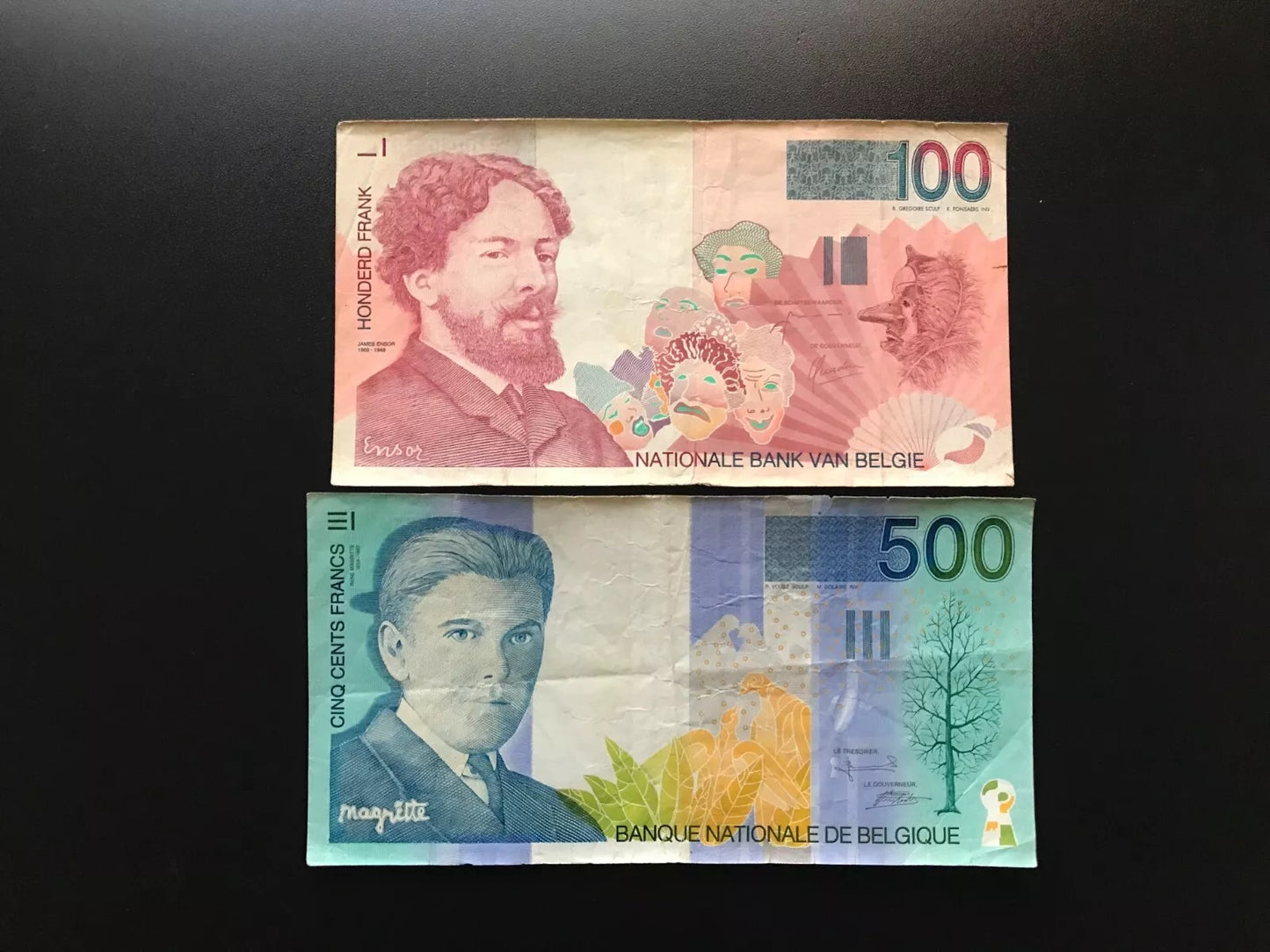 Belgium 100, 500 Francs Banknotes 1994-2001 old Circulated Bank Bills 2Pcs/Lot
