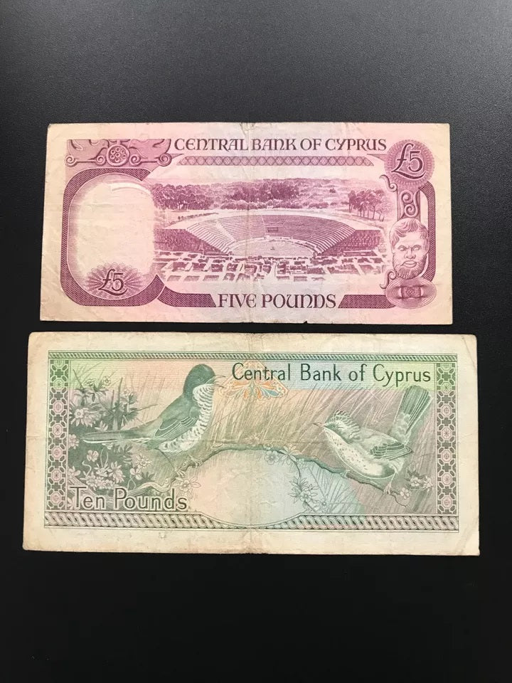 Cyprus 5, 10 Pound Lira Banknotes 1979 & 1987 Old Circulated Bank Bills 2pcs/Lot