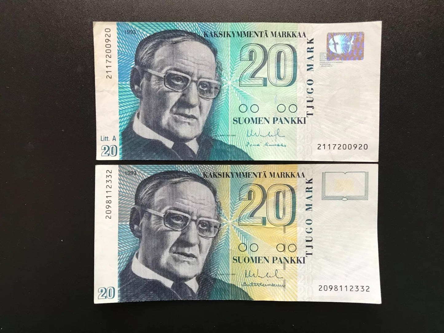 Finland / Finnish 20 Markkaa Banknotes 1993 2-Type Bills P-122 & 123 2pcs/Lot