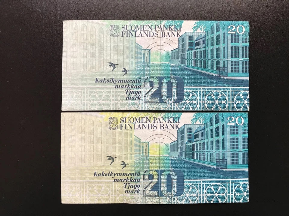 Finland / Finnish 20 Markkaa Banknotes 1993 2-Type Bills P-122 & 123 2pcs/Lot