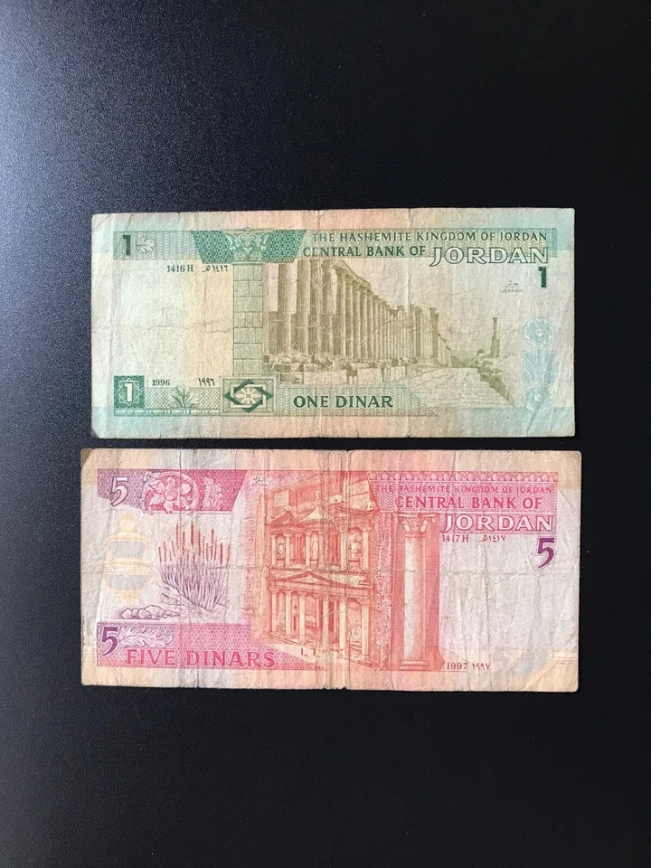 Jordan 1, 5 Dinars Banknote 1995-1997 Old Circulated Paper Money Bank Bills 2pcs/Lot