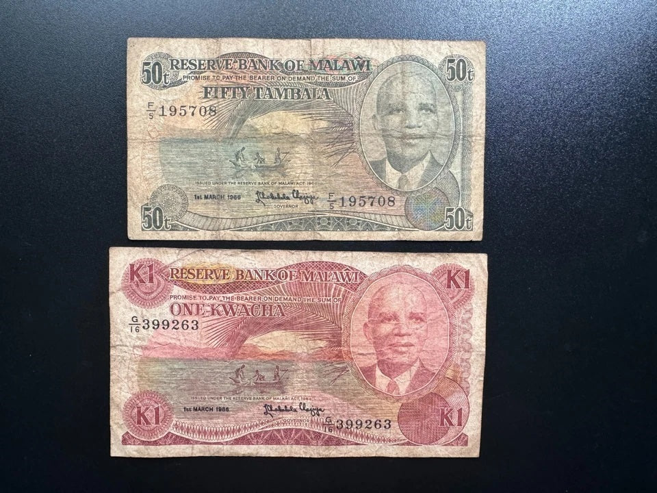 Malawi 50 Tambala & 1 Kwacha Banknotes 1986 Old P-18 & P-19 Bank Bills 2 Pcs/Lot