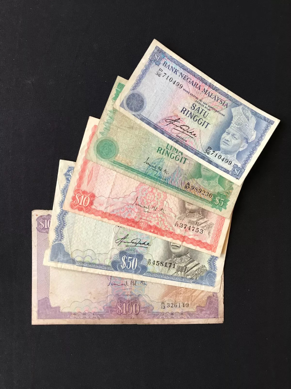 Malaysia 1, 5, 10, 50, 100 Ringgit Banknotes 1967 Old Circulated First Issue Rare Full Set 5Pcs