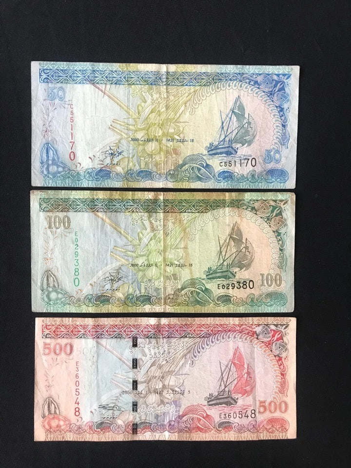 Maldives 10, 20, 50, 100, 500 Rufiyaa Banknotes 1998-2006 Old Circulated Bank Bills 5pcs/ Lot Set