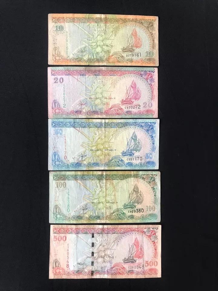 Maldives 10, 20, 50, 100, 500 Rufiyaa Banknotes 1998-2006 Old Circulated Bank Bills 5pcs/ Lot Set