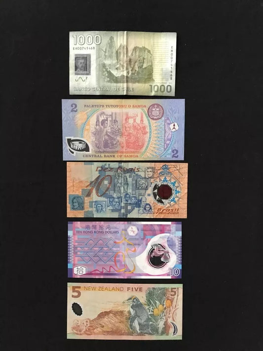 5 Countries Polymer Banknotes Circulated & VF Paper Money Bank Bills 5Pcs/Lot
