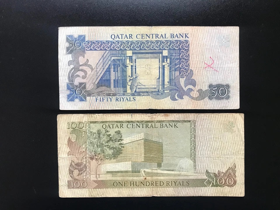 Qatar 50, 100 Riyals Banknotes 1996 Old Circulated Paper Bank Bills 2Pcs/Lot