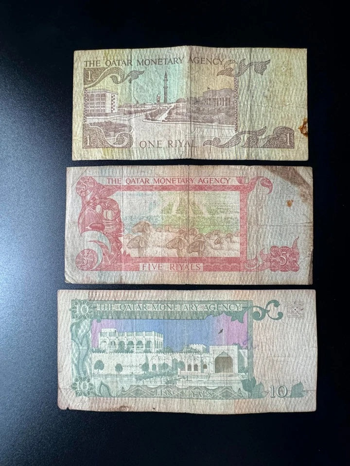 Qatar 1, 5, 10, Riyals Banknotes 1980 2nd Issue Single Sign Bills 3Pcs/ Lot set