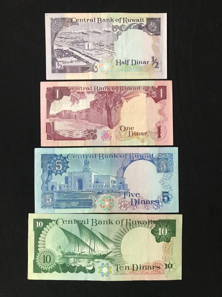 Kuwait 1/2, 1, 5, 10 Dinars Banknotes 1980-91 Old AUNC Paper Bank Bills 4Pcs/Lot