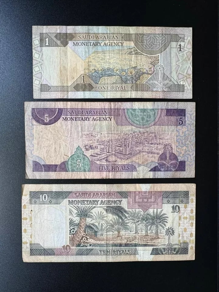 Saudi Arabia 1, 5, 10 Riyals Banknotes 1983 Old Circulated Bank Bills 3 Pcs/Lot