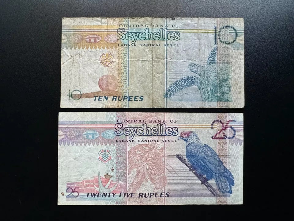 Seychelles 10, 25 Rupees Banknotes 1998-2008 Old Circulated Bank Bills 2pcs / Lot