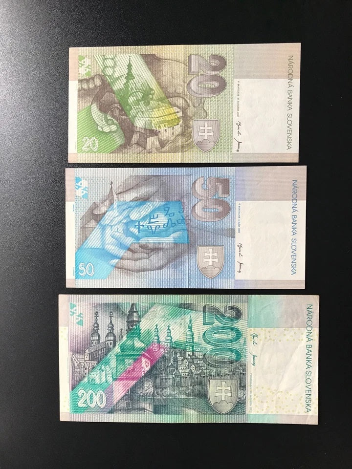 Slovakia 20, 50, 200 korun Banknotes Old Circulated Paper Bank Bills 3pcs/set