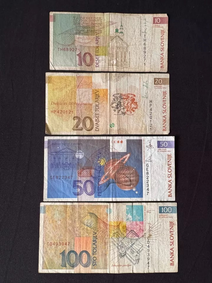 Slovenia 10, 20, 50, 100 Tolar Banknotes Old Circulated Bills 4Pcs / Lot Set