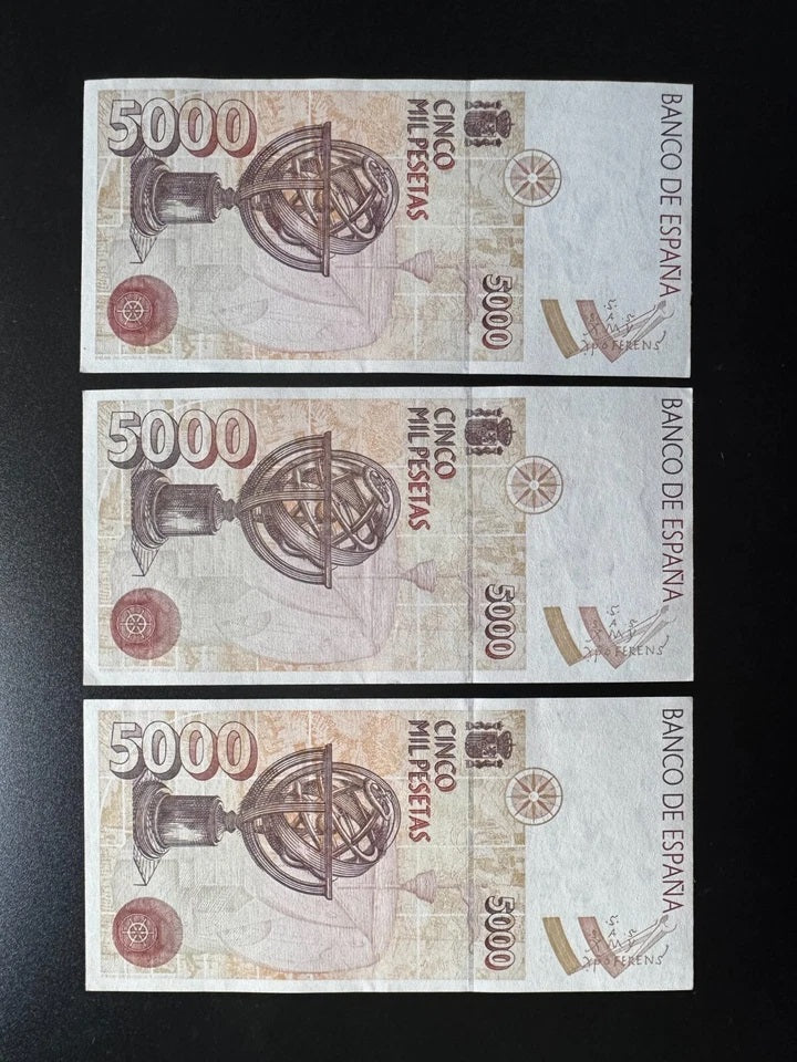 Spain 5000 Pesetas Banknotes 1992 Old UNC Bills Consecutive Numbers 3 Pcs / Lot