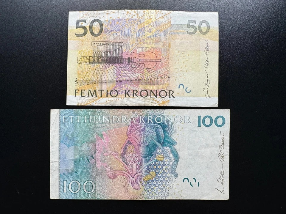 Sweden /Swedish 50, 100 Kronor Banknotes 2001-2004 Old Bank Bills 2pcs / Lot