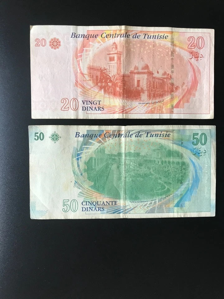 Tunisia 20, 50 Dinars Banknotes 2011 Circulated Tunisie Bank Bills 2Pcs/ Lot Set
